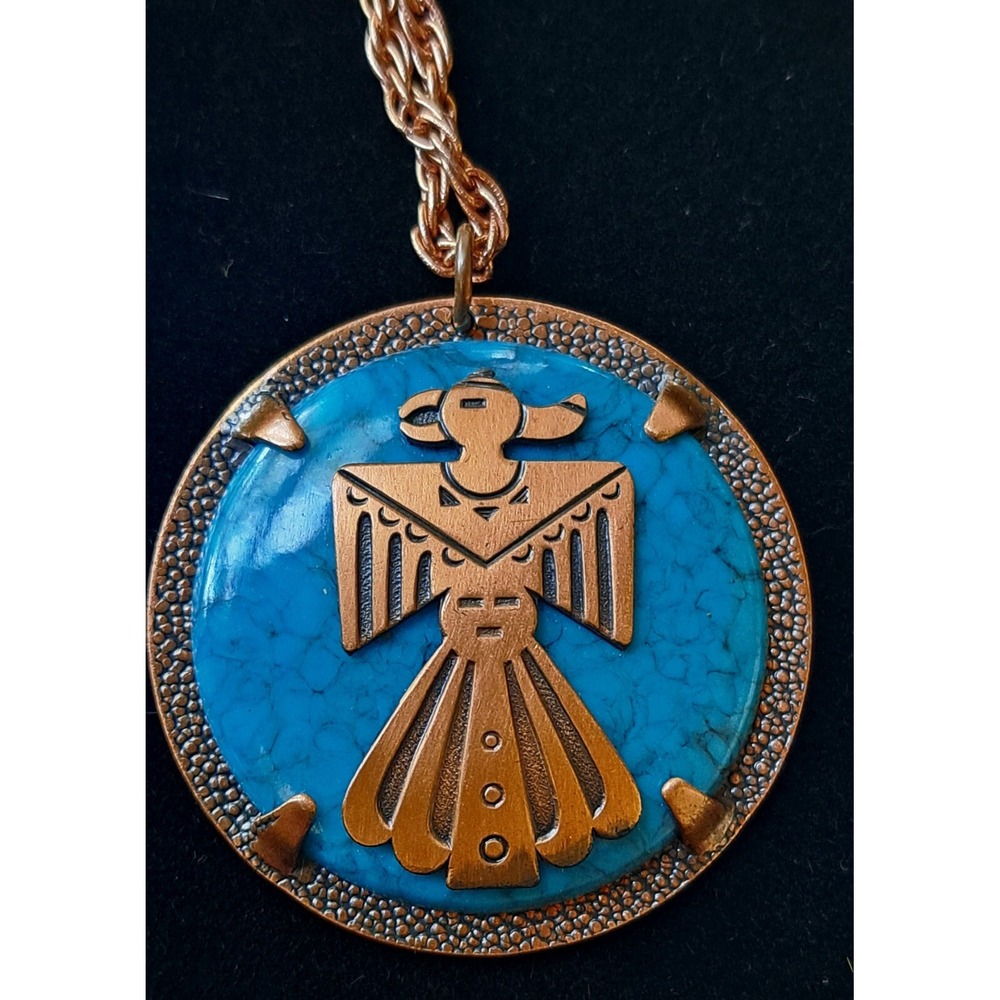 Copper By Bell Blue Marbled Glass Thunderbird Southwestern Pendant 28" Necklace - Picture 7 of 7